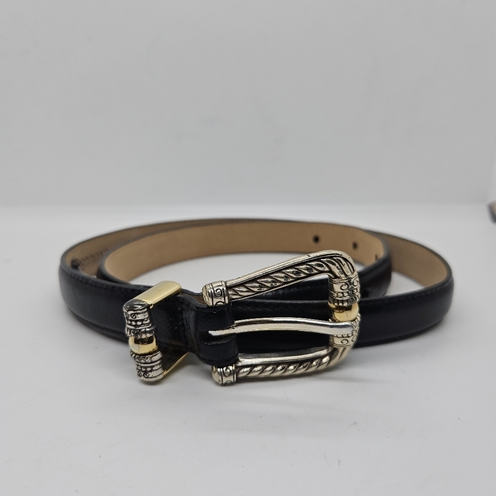 Brighton black leather belt with silver tone scrollwork buckle medium/30